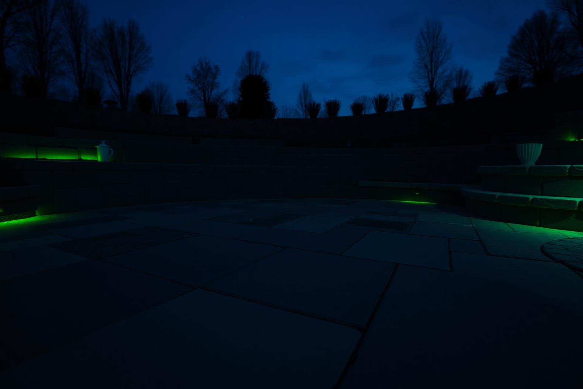Stone patio at dusk under Victorian sky